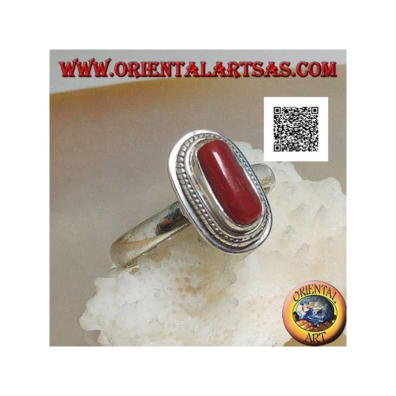Bague en argent avec corail naturel serti dans un bord tressé (16)