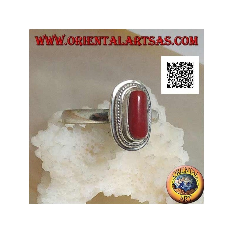 Anillo de plata con coral natural engastado en un borde trenzado (16)