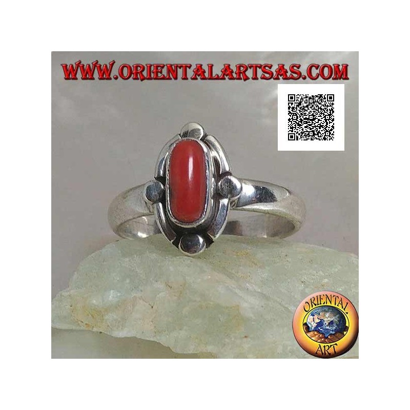 Silver ring with oval natural coral surrounded by alternating bands and discs