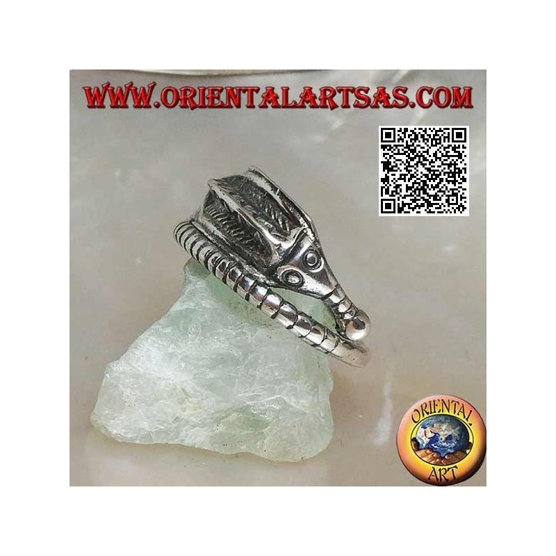 Silver ring in the shape of a twisted "hippocampus" seahorse