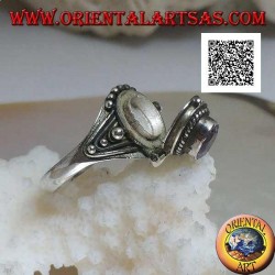 Silver ring small poison holder with natural oval amethyst and decoration with balls (handmade)