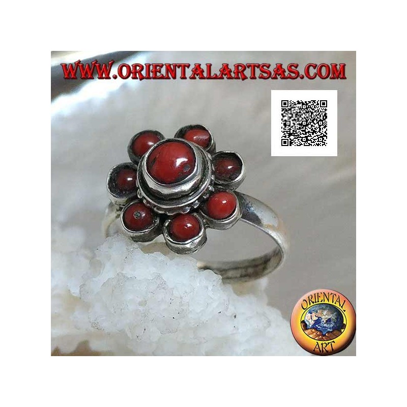 Silver ring in the shape of an antique Tibetan coral flower with seven petals