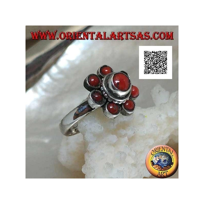 Anello in argento a forma di fiore di corallo tibetano antico a sette petali