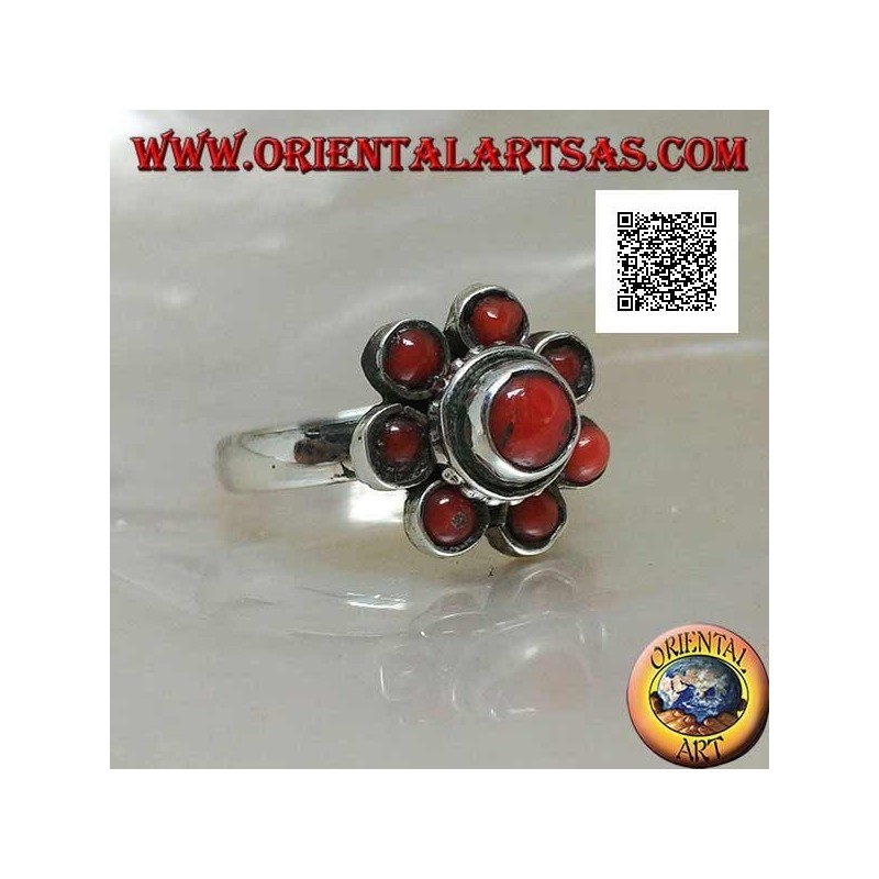 Anello in argento a forma di fiore di corallo tibetano antico a sette petali