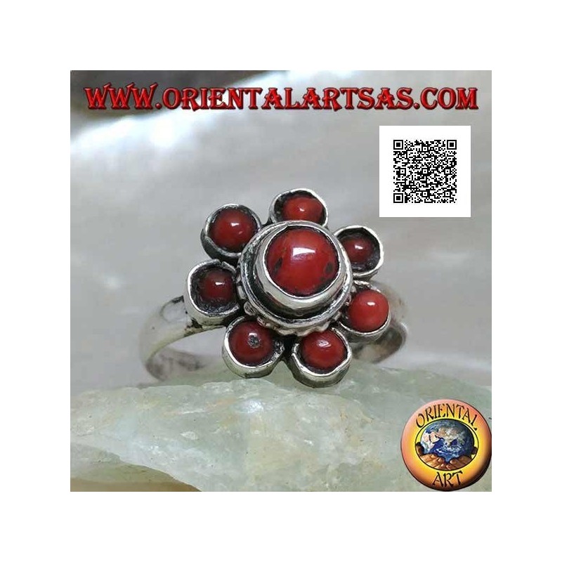 Silver ring in the shape of an antique Tibetan coral flower with seven petals
