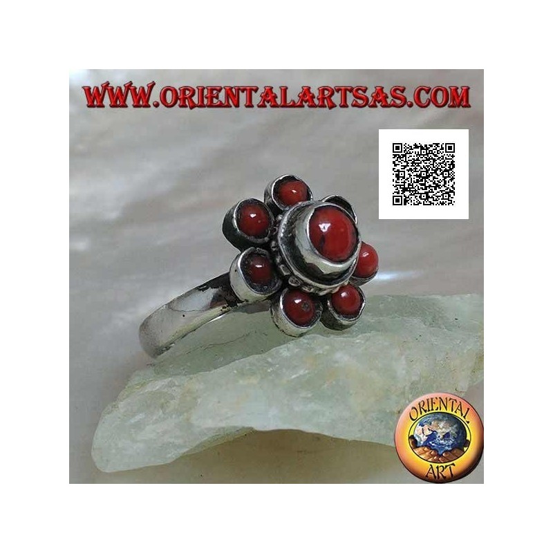 Bague en argent en forme de fleur de corail tibétain antique à sept pétales