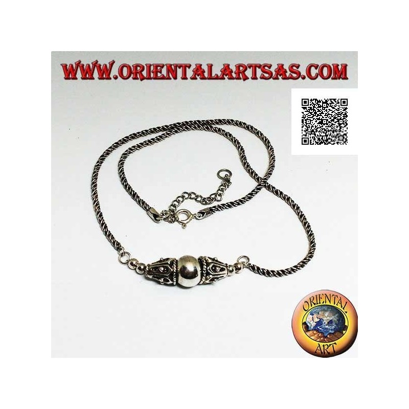 Silver necklace with coiled link with smooth central sphere between two decorated cones