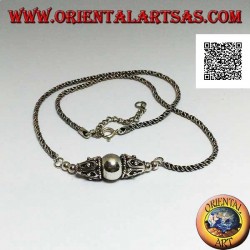 Silver necklace with coiled link with smooth central sphere between two decorated cones