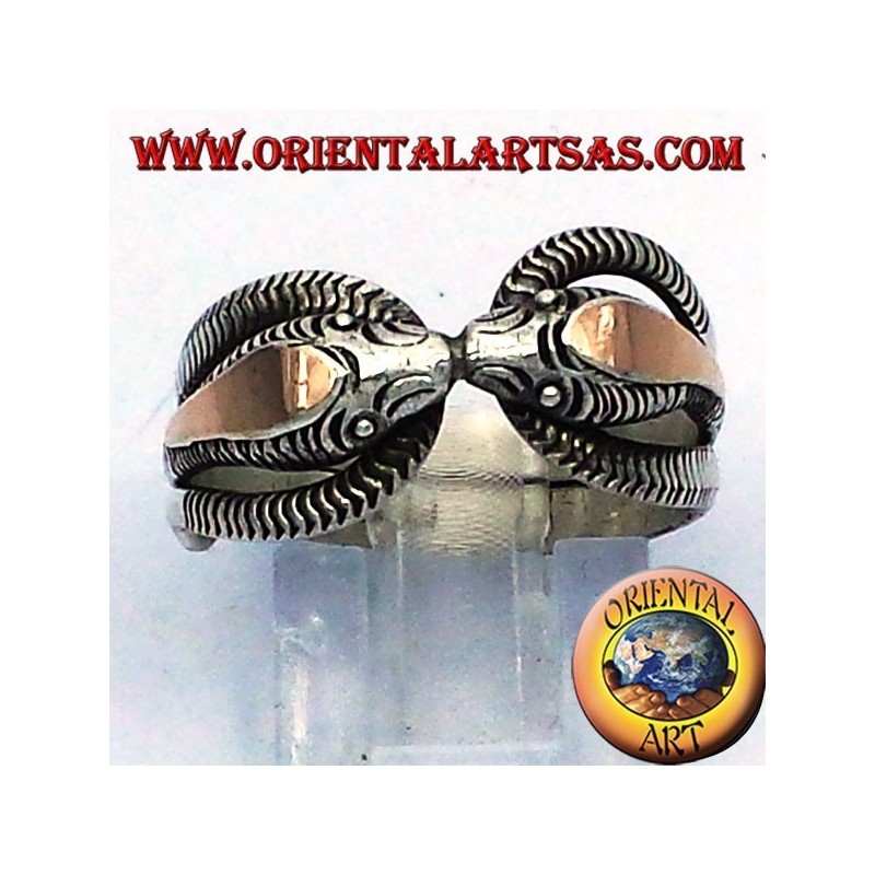 two cobras ring in silver with 14 carat gold leaf