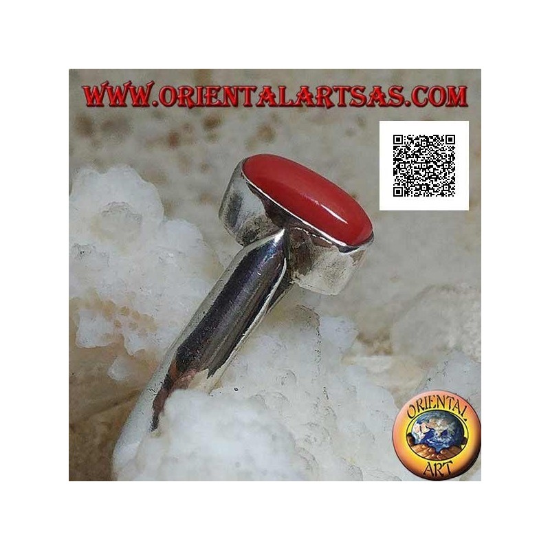 Silver ring with oval antique Tibetan coral in relief on a simple setting