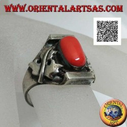 Silver ring with oval antique Tibetan coral in Nepalese setting with maple leaf on the sides