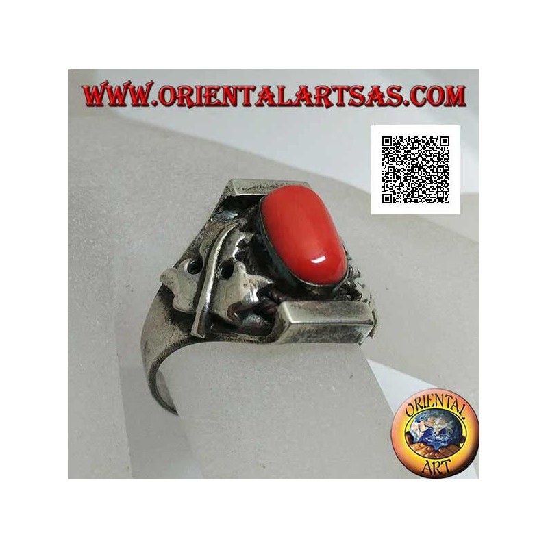 Silver ring with oval antique Tibetan coral in Nepalese setting with maple leaf on the sides
