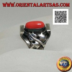 Silver ring with oval antique Tibetan coral in Nepalese setting with maple leaf on the sides