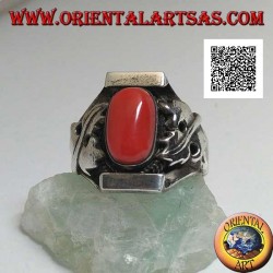 Silver ring with oval antique Tibetan coral in Nepalese setting with maple leaf on the sides