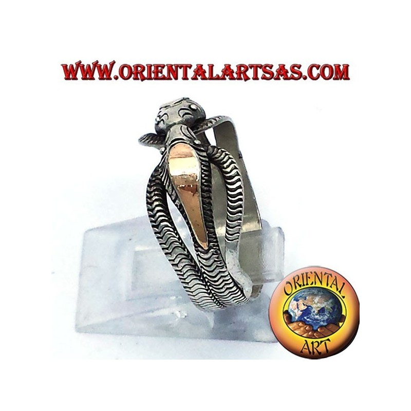 two cobras ring in silver with 14 carat gold leaf