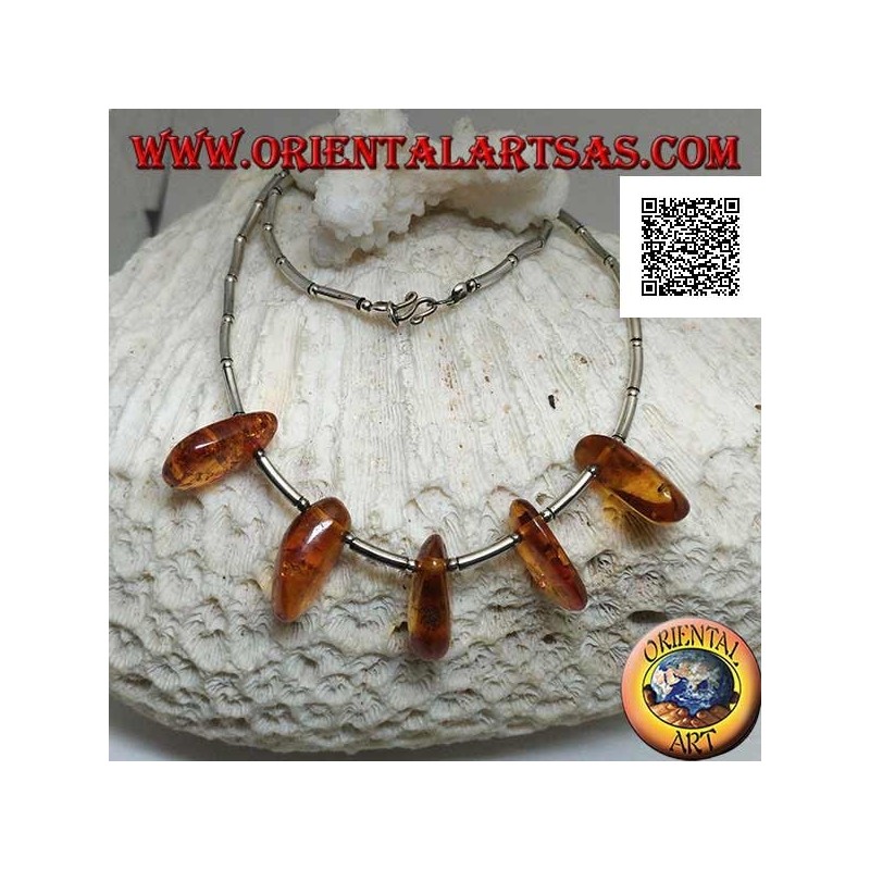 925 ‰ silver choker necklace, threaded silver tubes and amber drops