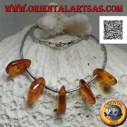 925 ‰ silberne Chokerhalskette, Silberrohre mit Gewinde und Bernsteintropfen