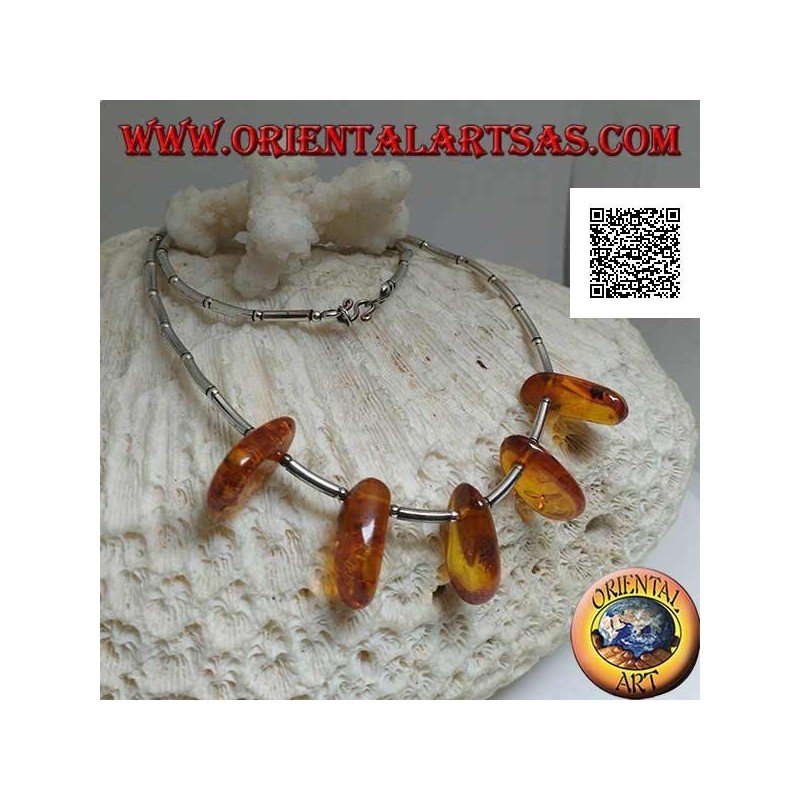 925 ‰ silberne Chokerhalskette, Silberrohre mit Gewinde und Bernsteintropfen