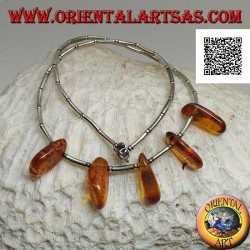925 ‰ silberne Chokerhalskette, Silberrohre mit Gewinde und Bernsteintropfen