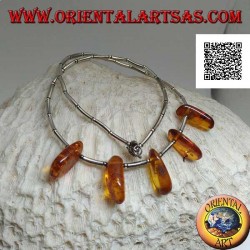 925 ‰ silberne Chokerhalskette, Silberrohre mit Gewinde und Bernsteintropfen