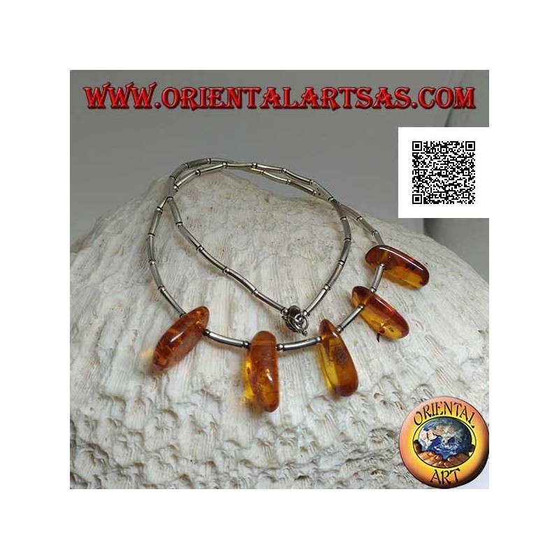 925 ‰ silberne Chokerhalskette, Silberrohre mit Gewinde und Bernsteintropfen