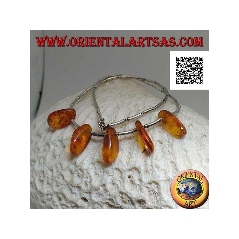 925 ‰ silberne Chokerhalskette, Silberrohre mit Gewinde und Bernsteintropfen