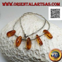 925 ‰ silberne Chokerhalskette, Silberrohre mit Gewinde und Bernsteintropfen
