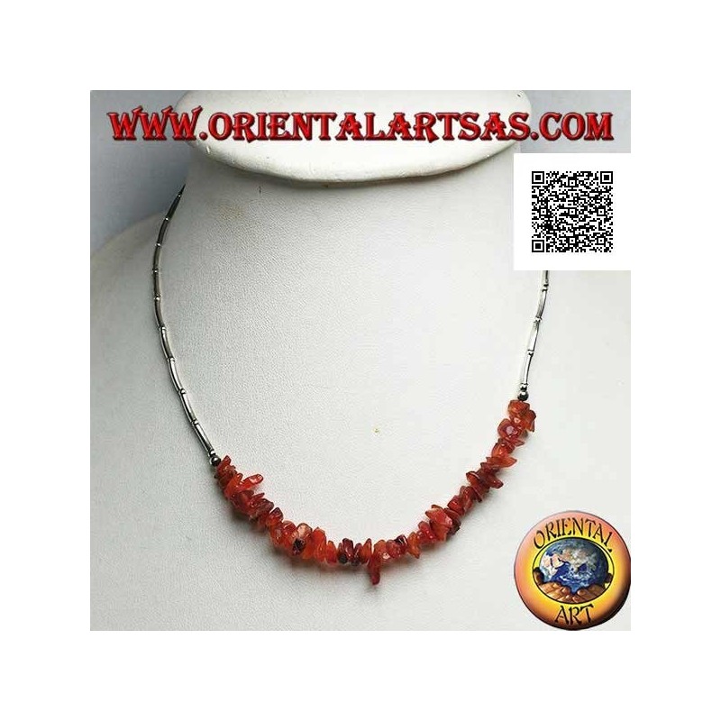 925 ‰ silver choker necklace, threaded silver tubes and amber fragments