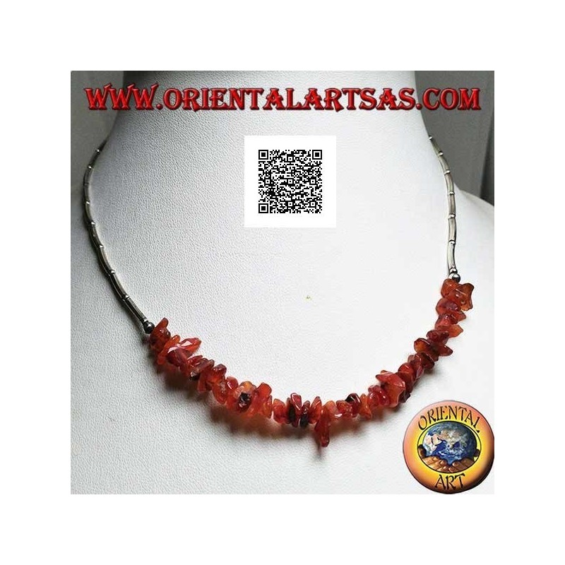 Collier ras de cou en argent 925 ‰, tubes en argent fileté et fragments d'ambre
