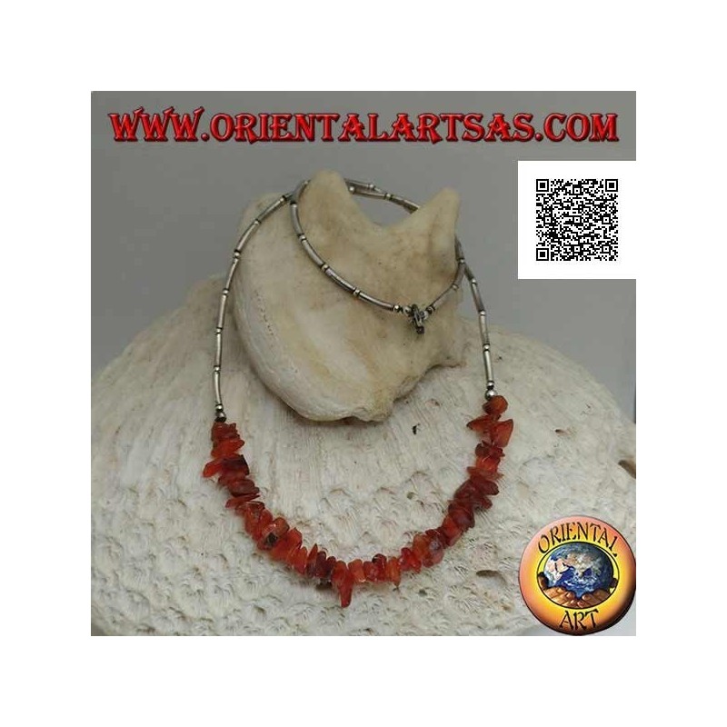 925 ‰ silver choker necklace, threaded silver tubes and amber fragments