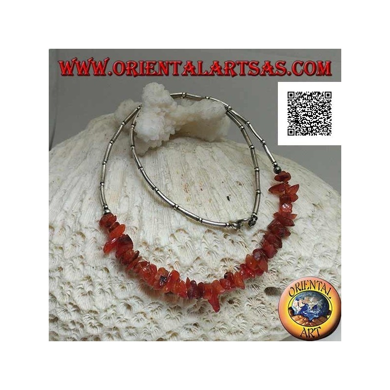 925 ‰ silver choker necklace, threaded silver tubes and amber fragments