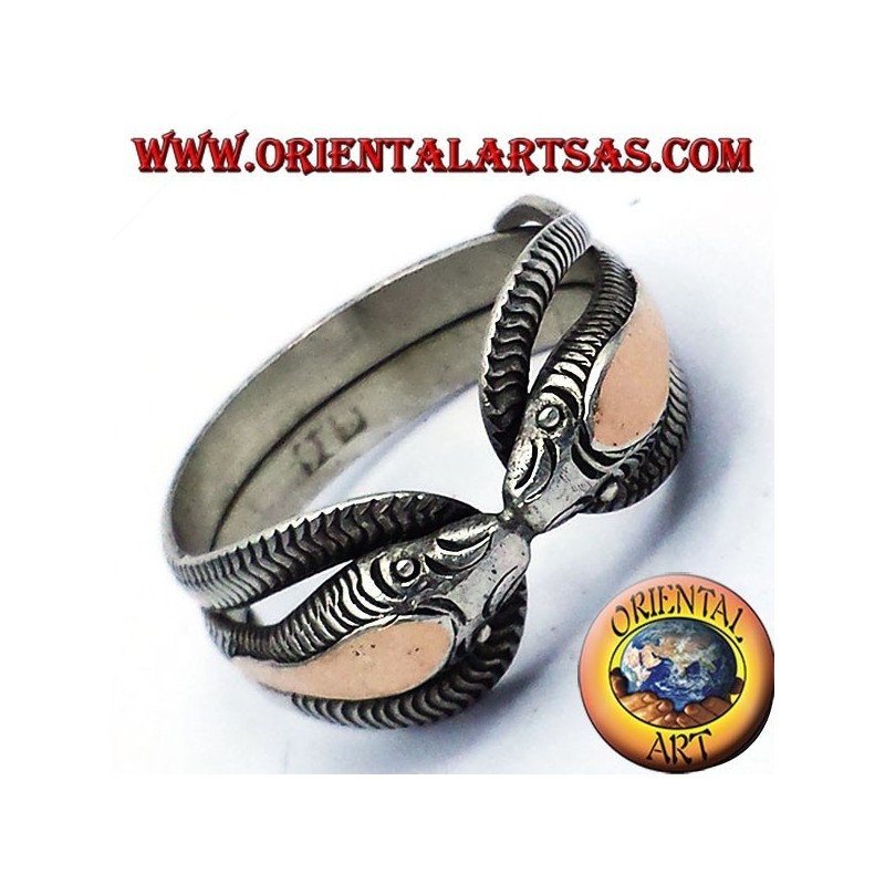 anello due cobra in argento con lamina in oro 14 carati