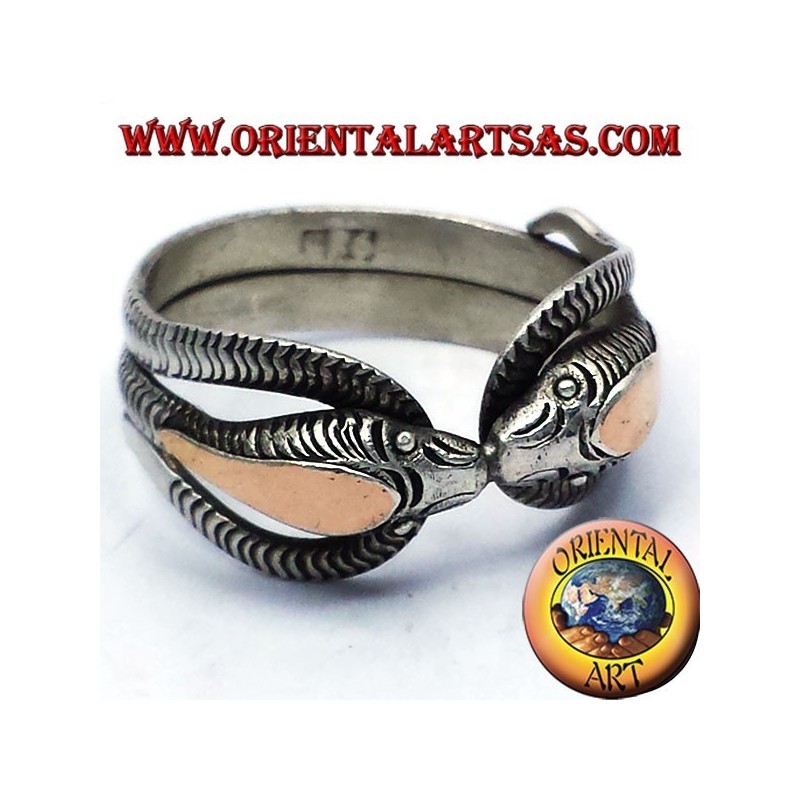 two cobras ring in silver with 14 carat gold leaf