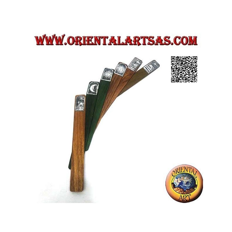 Set of 6 narrow bookmarks in teak wood with decorated nickel silver or silver plate (3)