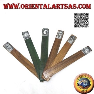 Set of 6 narrow bookmarks in teak wood with decorated nickel silver or silver plate (3)