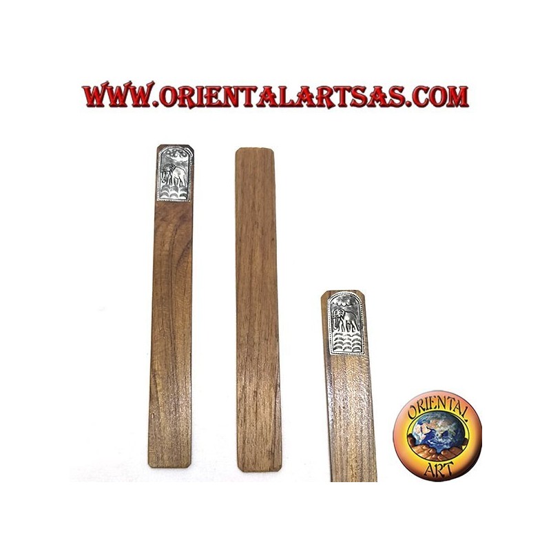 Ensemble de 6 marque-pages étroits en bois de teck avec plaque décorée en maillechort ou argent