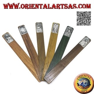 Ensemble de 6 marque-pages étroits en bois de teck avec plaque décorée en maillechort ou argent (1)
