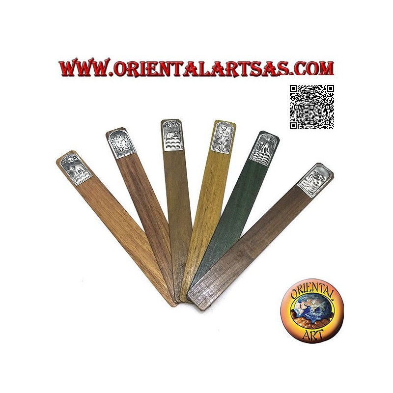 Ensemble de 6 marque-pages étroits en bois de teck avec plaque décorée en maillechort ou argent (1)