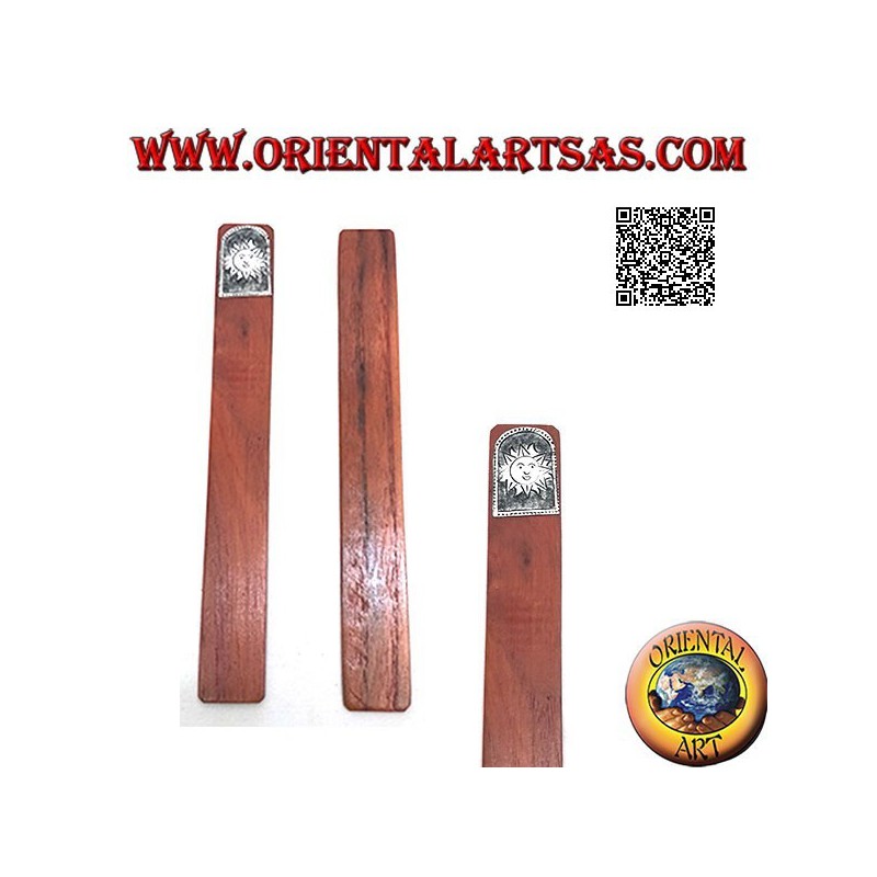 Teak wood bookmark with nickel silver or silver plate decorated with sun (narrow)