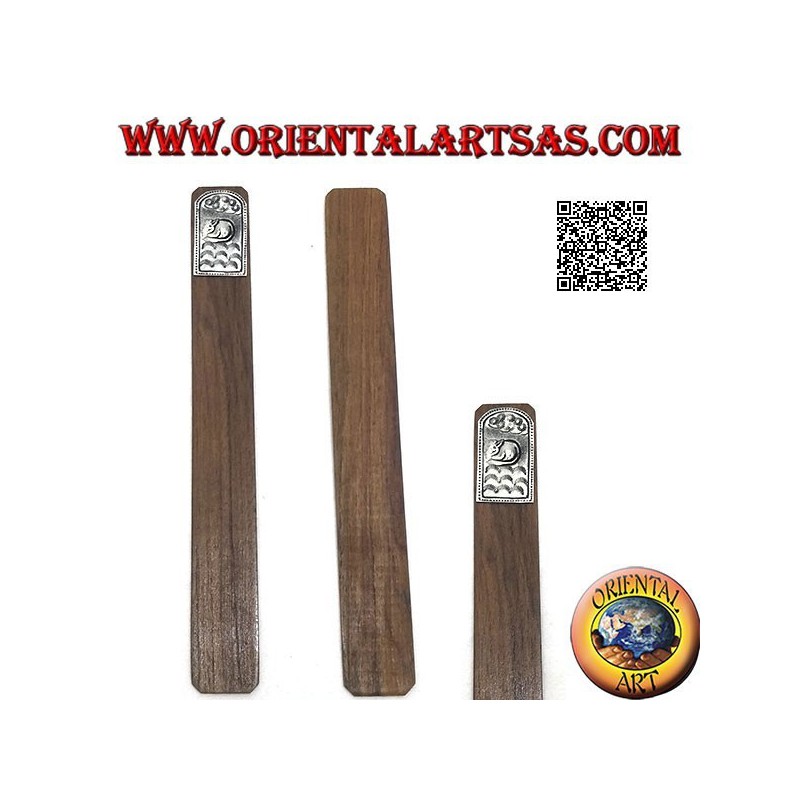 Teak wood bookmark with nickel silver or silver plate decorated with cat (narrow)