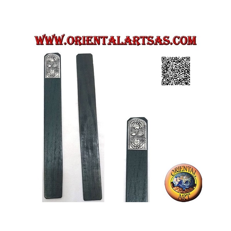 Segnalibro in legno di teak con piastra di alpacca o argentone decorata con doppio fiore speculare (stretto)