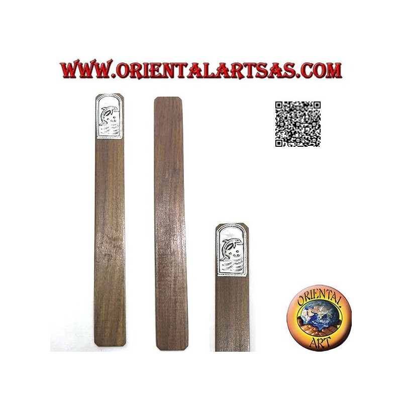 Teak wood bookmark with nickel silver or silver plate decorated with dolphin (narrow)