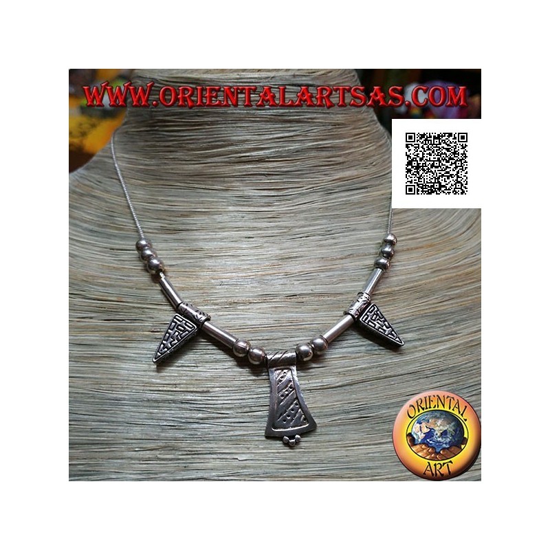 925 ‰ silver necklace with 40 cm strung engraved spheres, tubes and plates