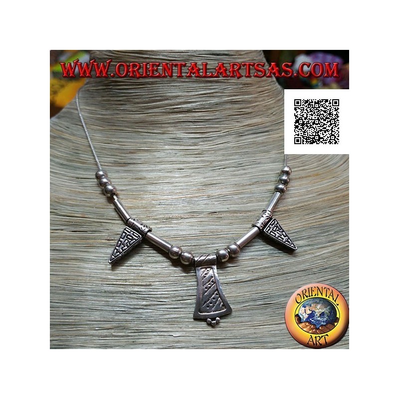Collana in argento 925 ‰ con sfere, tubetti e piastre incise infilate da 40 cm