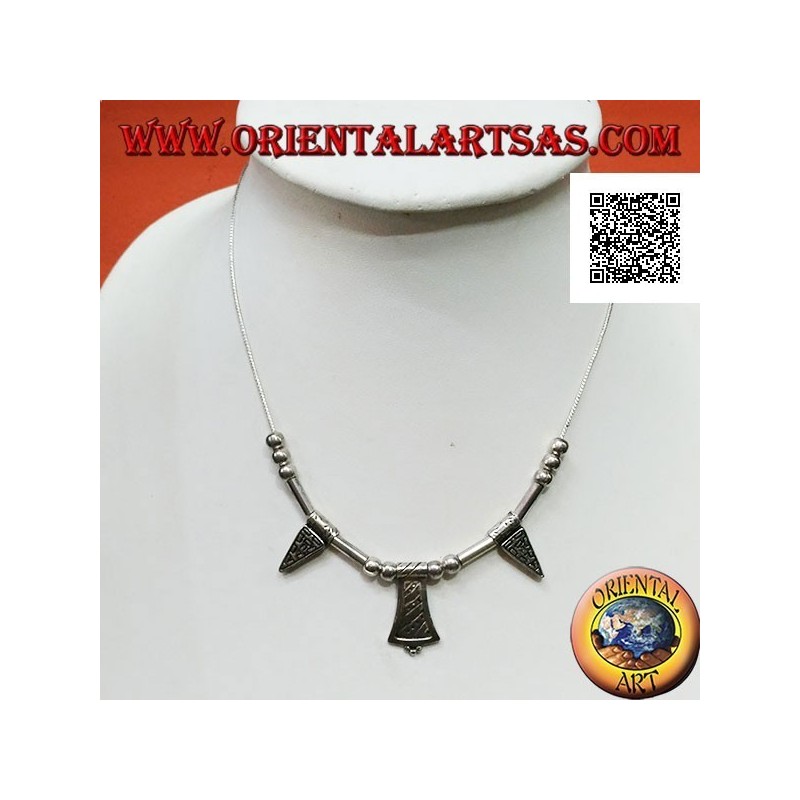 Collier en argent 925 ‰ avec sphères gravées enfilées de 40 cm, tubes et assiettes