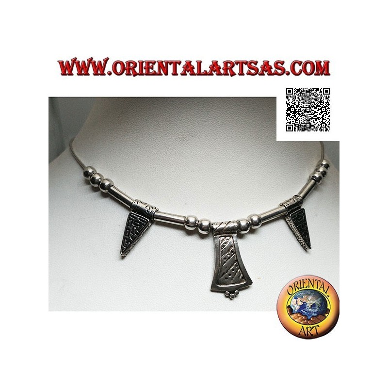 Collana in argento 925 ‰ con sfere, tubetti e piastre incise infilate da 40 cm