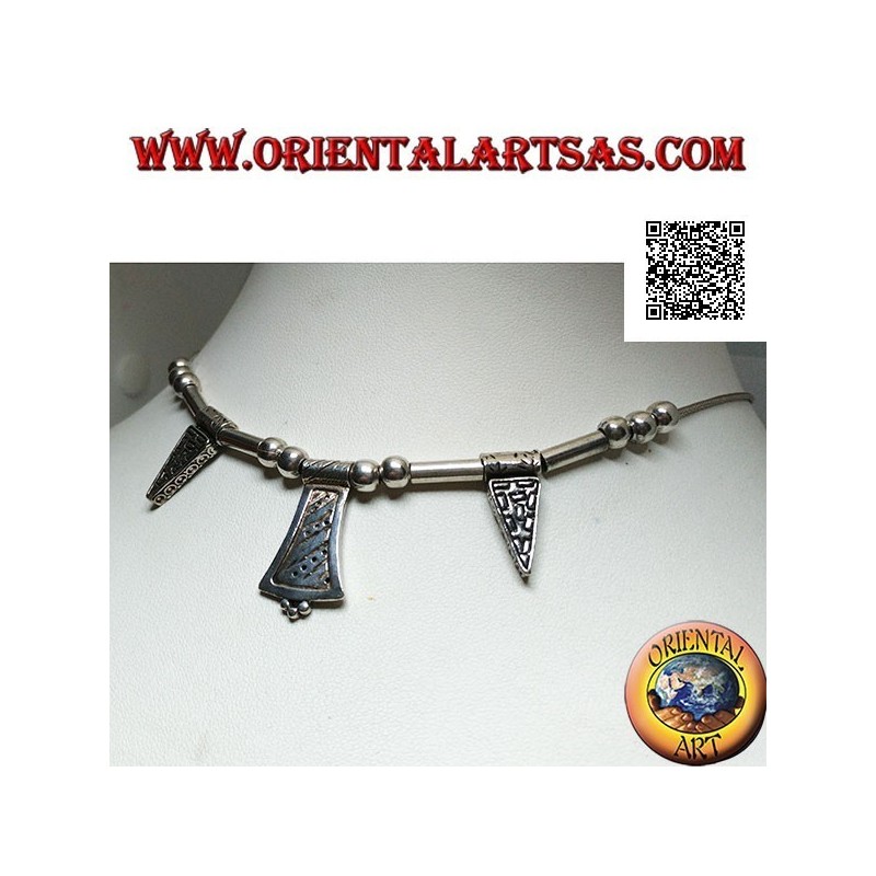 Collier en argent 925 ‰ avec sphères gravées enfilées de 40 cm, tubes et assiettes