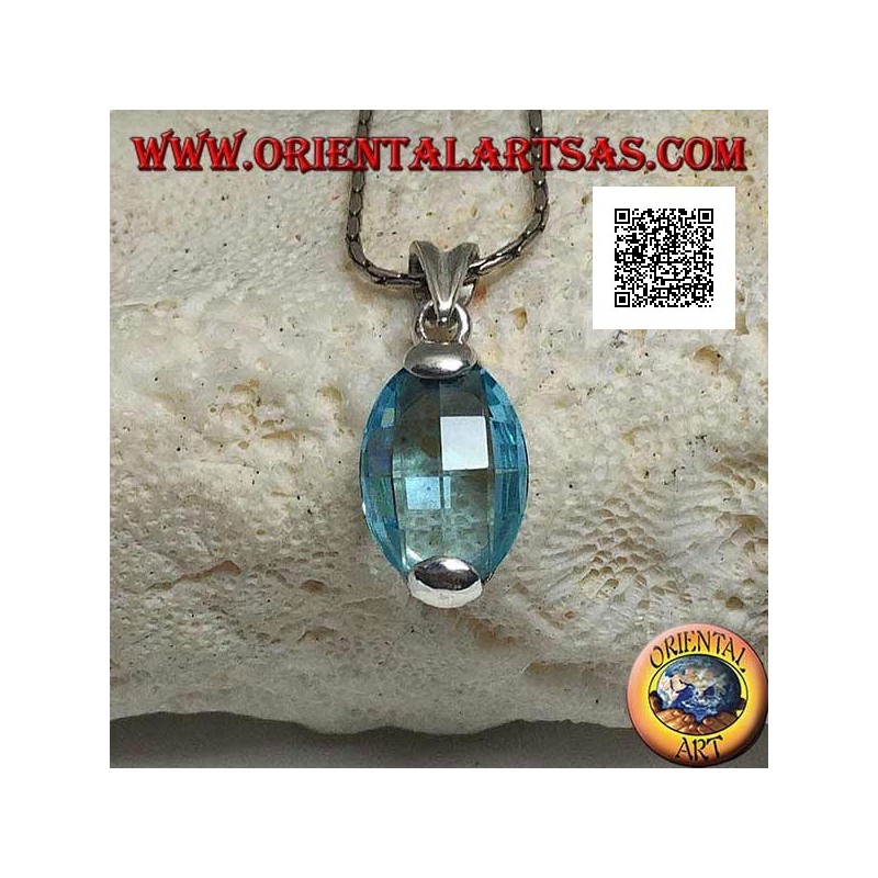 Silver pendant with oval faceted blue topaz set above and below