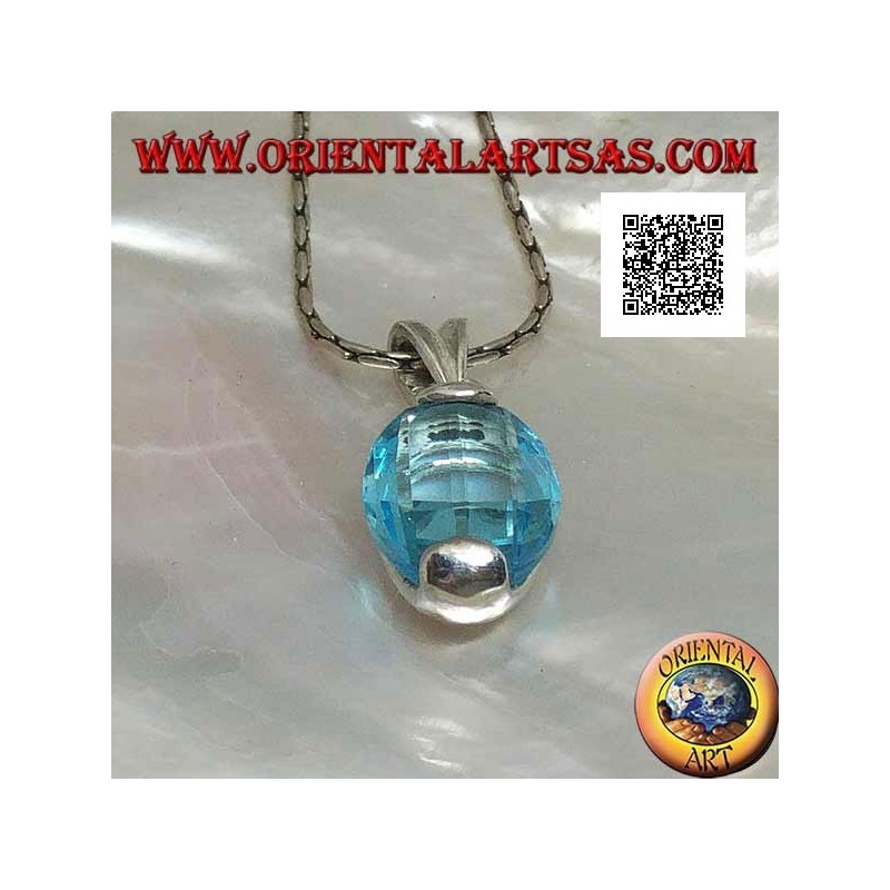 Silver pendant with oval faceted blue topaz set above and below