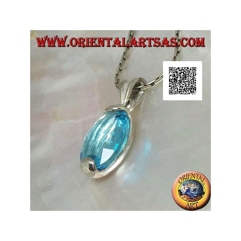 Ciondolo in argento con topazio azzurro sfaccettato ovale incastonato sopra e sotto